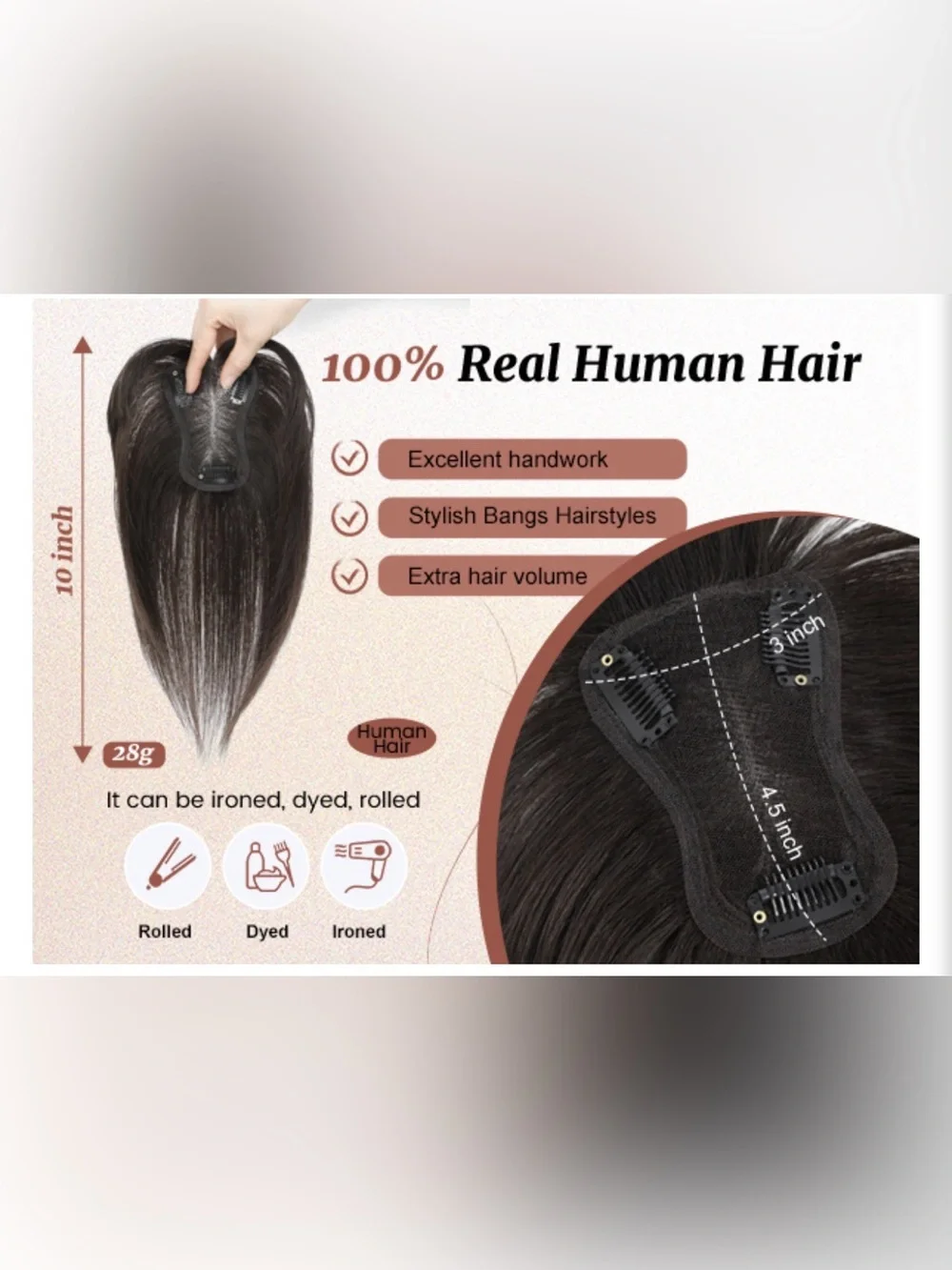 Hair Topper With Bangs 100% Human Hair - Medium Dark‎ Brown (4#) #TB9